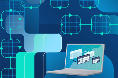 Decorative image of a laptop floating among abstract, grid-like charts and objects.