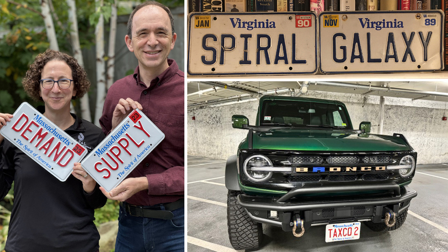 Photo collage: One photo shows Amy Finkelstein and Ben Olken holding Massachusetts "SUPPLY" and "DEMAND" plates. Virginia license plates on a bookshelf read “SPIRAL” and “GALAXY.” SUV has "TAXCO 2" plate.