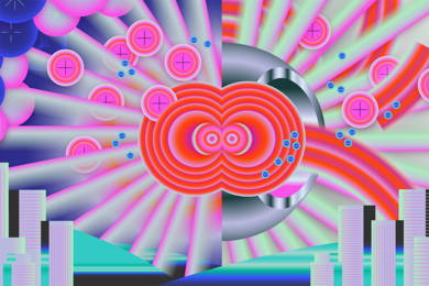 A semi-abstract, brightly colored graphic showing a city with skyscrapers powered by a fusion power plant.